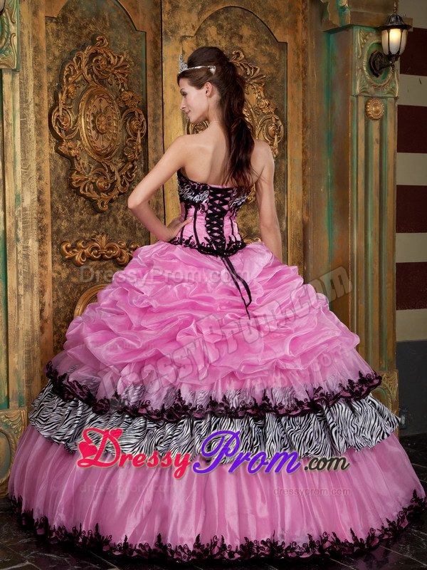 Zebra Fabric Strapless Picks-Up Appliques Rose Pink Quinceanera Dresses