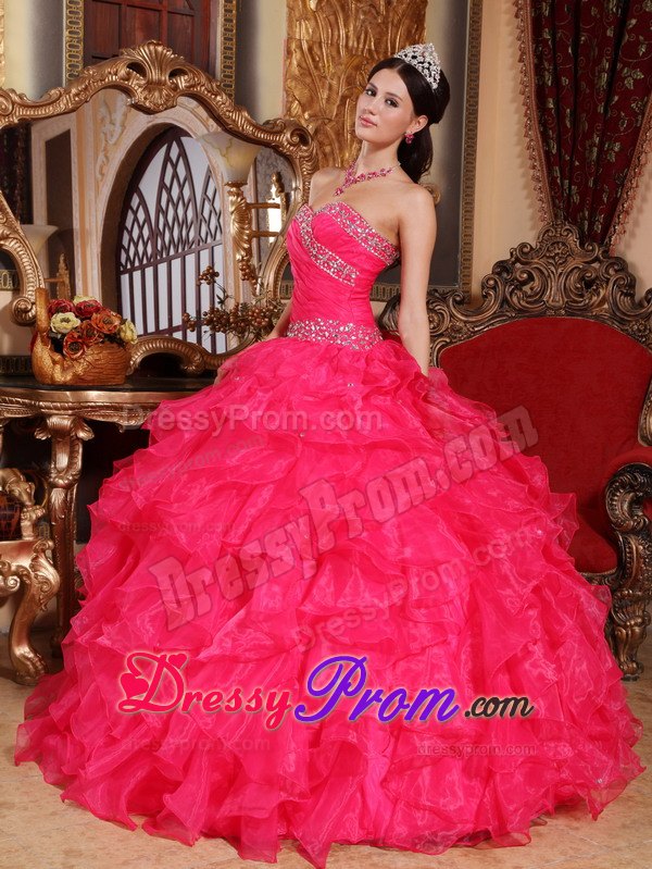 Ruffled Sweetheart Beading Floor-length Organza Coral Red Sweet 15 Dresses