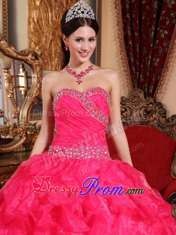 Ruffled Sweetheart Beading Floor-length Organza Coral Red Sweet 15 Dresses