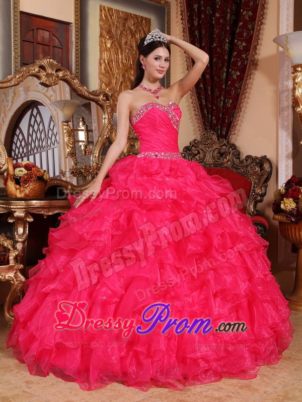 Ruffled Sweetheart Beading Floor-length Organza Coral Red Sweet 15 Dresses