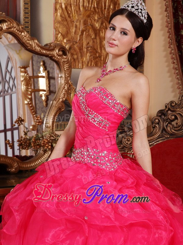 Ruffled Sweetheart Beading Floor-length Organza Coral Red Sweet 15 Dresses