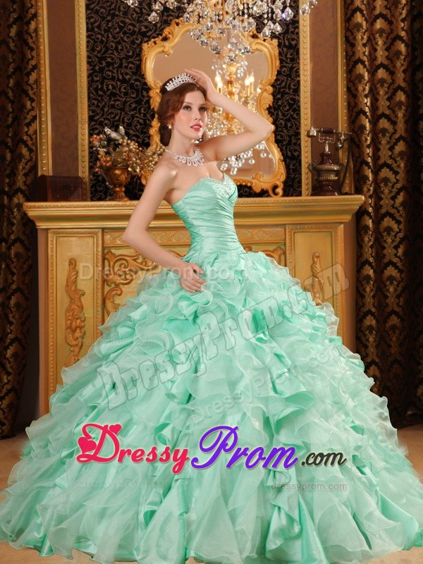 Beading Sweetheart Ruffles Organza Lace Up Apple Green Quinceanera Dress