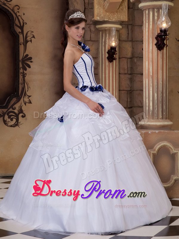 Satin and Tulle One Shoulder Hand Made Flowers White Quinceanera Dress