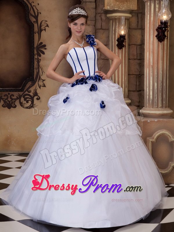 Satin and Tulle One Shoulder Hand Made Flowers White Quinceanera Dress