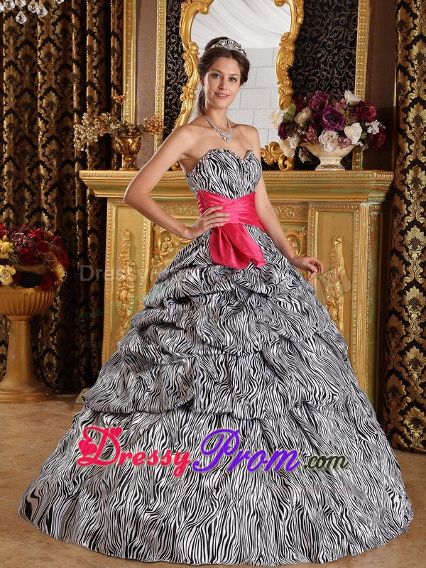 Zebra Fabric Sweetheart Pick Ups Red Sash Sweet Sixteen Quinceanera Dress