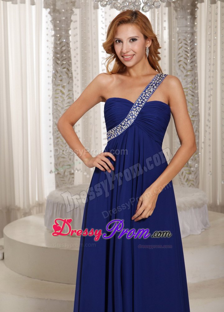 Navy Blue One Shoulder Empire Prom Dress With Ruching and Beading