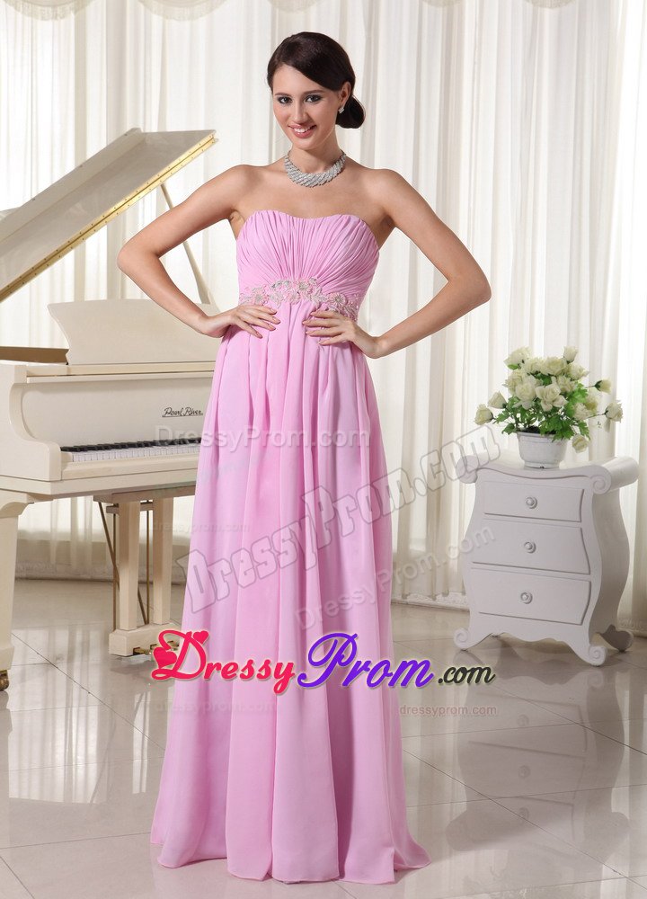 Baby Pink Sweetheart Chiffon Ruched Prom Dress With Appliques