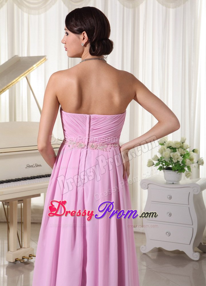 Baby Pink Sweetheart Chiffon Ruched Prom Dress With Appliques