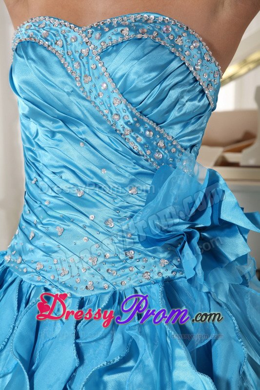 Ruffled Sweetheart Beading Teal Ruched Organza Dresses For Quinceanera