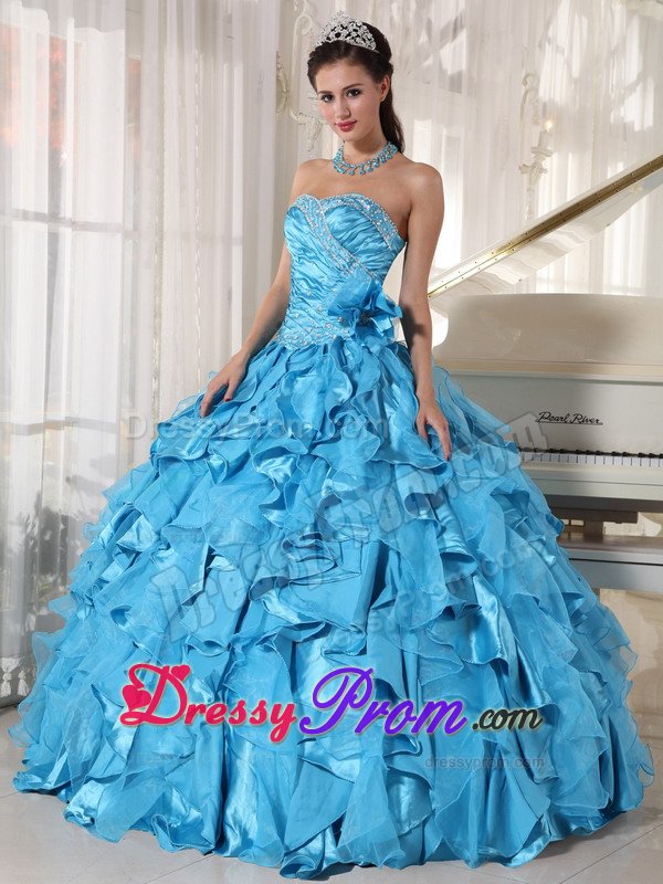 Ruffled Sweetheart Beading Teal Ruched Organza Dresses For Quinceanera