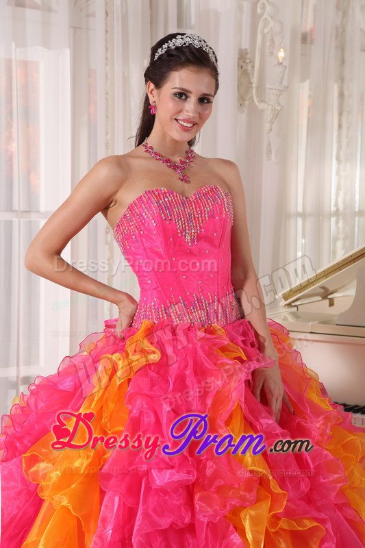 Colorful Sequins Sweetheart Ruffled Floor-length Organza Quinceanera Gown