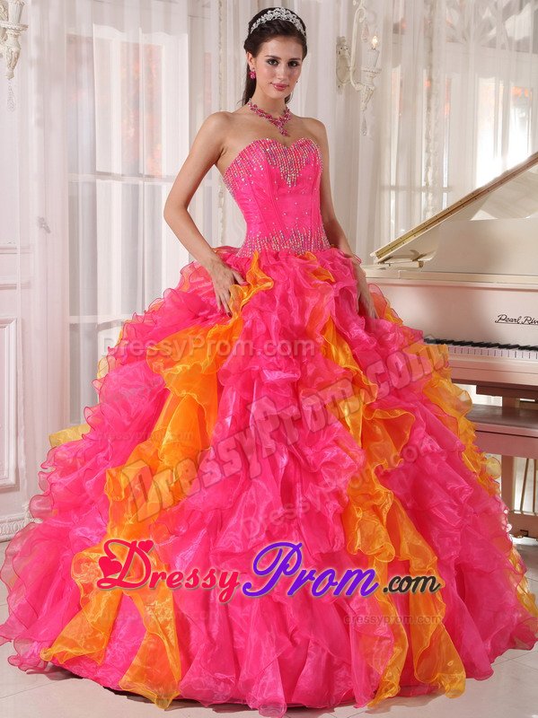 Colorful Sequins Sweetheart Ruffled Floor-length Organza Quinceanera Gown