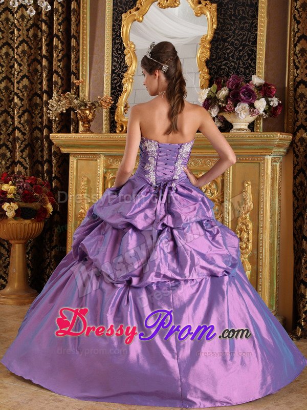 Pleated Bust Strapless Appliques Handmade Flowers Lavender Quince Dress