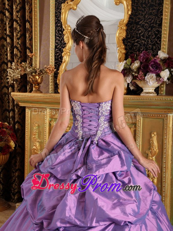 Pleated Bust Strapless Appliques Handmade Flowers Lavender Quince Dress