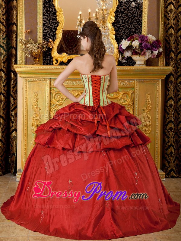 Appliques Strapless Pick Ups Back Out Taffeta Red Quinceanera Gowns