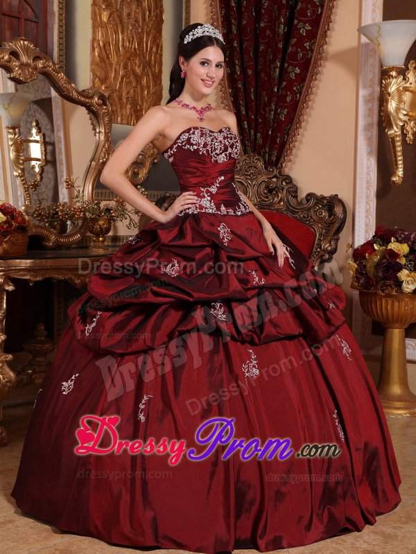 Sweetheart Appliques Pick Ups Wine Red Taffeta Dresses Quinceanera