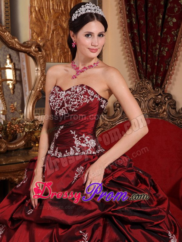 Sweetheart Appliques Pick Ups Wine Red Taffeta Dresses Quinceanera