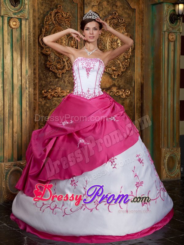 Embroidery Strapless Lace Up Back Satin Fuchsia Quinceanera Dresses