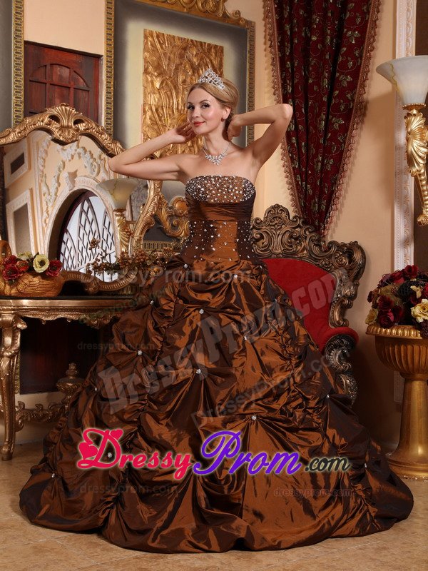 Beading Brown Strapless Pick Ups Floor-length Taffeta Sweet 16 Dresses