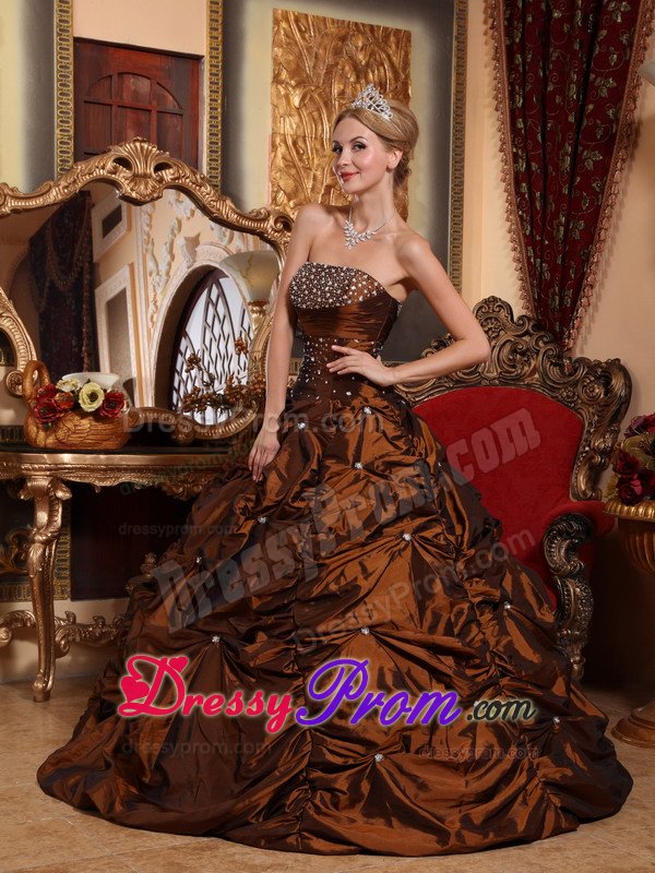 Beading Brown Strapless Pick Ups Floor-length Taffeta Sweet 16 Dresses