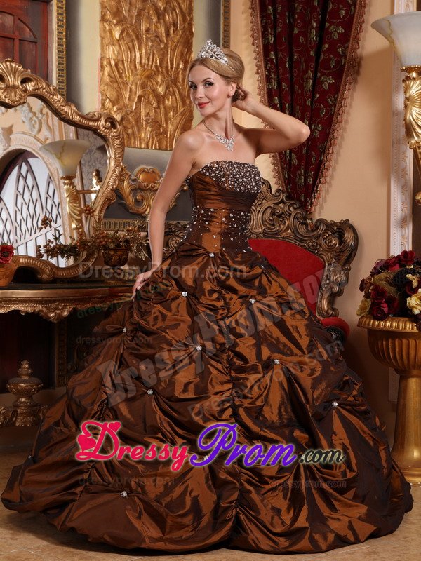 Beading Brown Strapless Pick Ups Floor-length Taffeta Sweet 16 Dresses