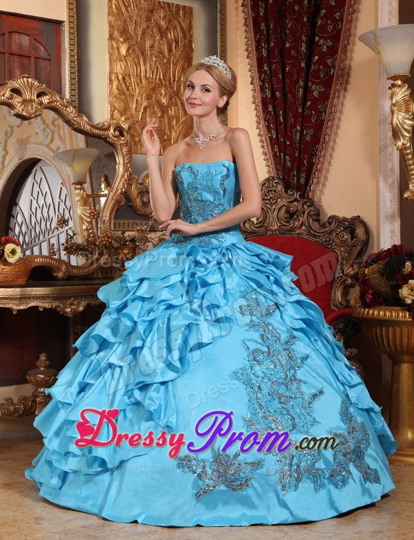 Layered Strapless Appliques Aqua Blue Taffeta Dresses For Quinceaneras