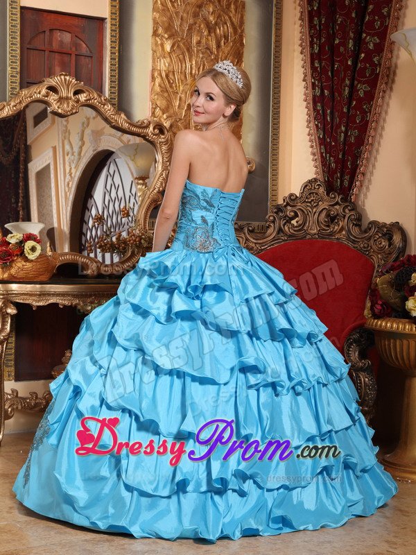 Layered Strapless Appliques Aqua Blue Taffeta Dresses For Quinceaneras