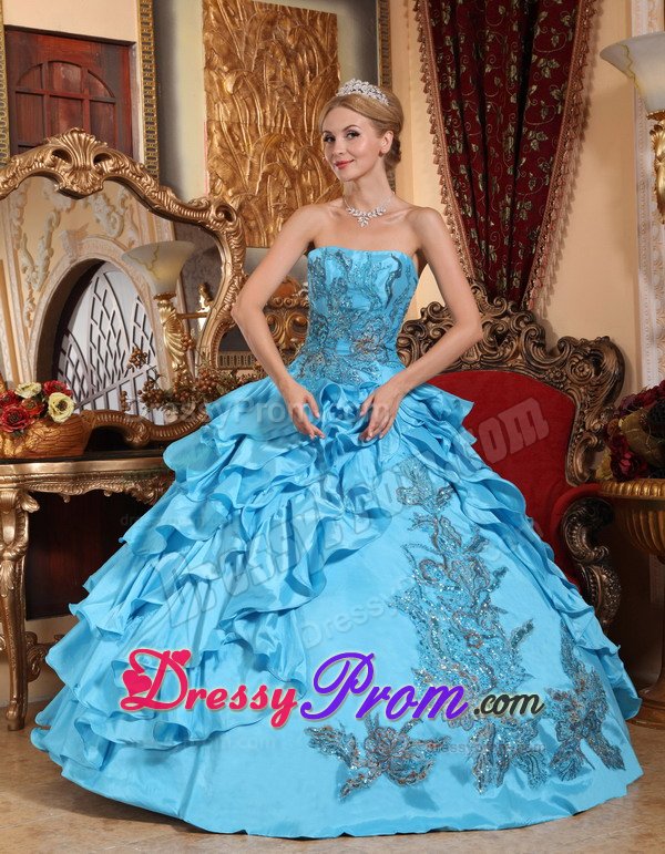 Layered Strapless Appliques Aqua Blue Taffeta Dresses For Quinceaneras