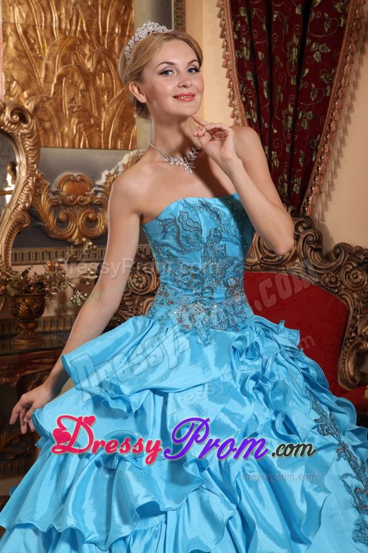 Layered Strapless Appliques Aqua Blue Taffeta Dresses For Quinceaneras