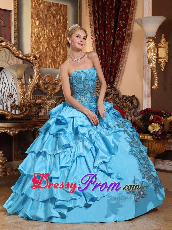 Layered Strapless Appliques Aqua Blue Taffeta Dresses For Quinceaneras