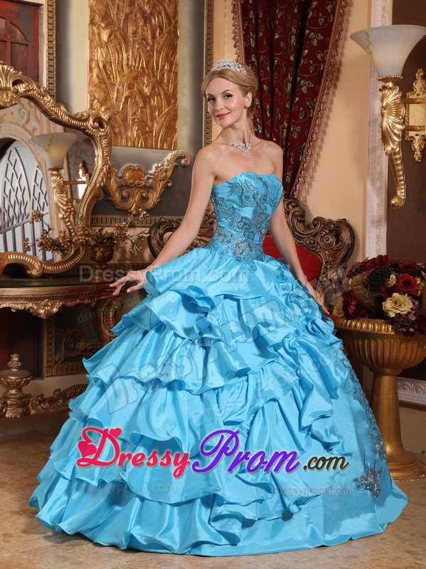 Layered Strapless Appliques Aqua Blue Taffeta Dresses For Quinceaneras