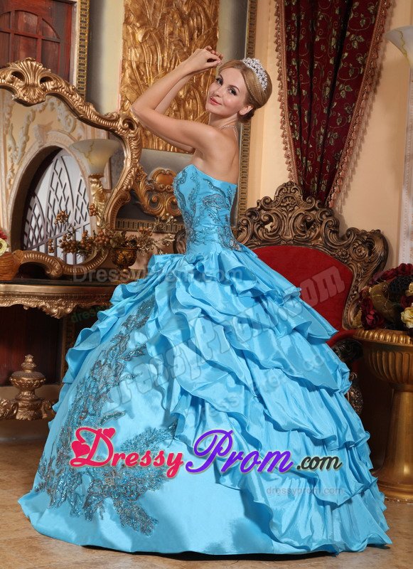 Layered Strapless Appliques Aqua Blue Taffeta Dresses For Quinceaneras