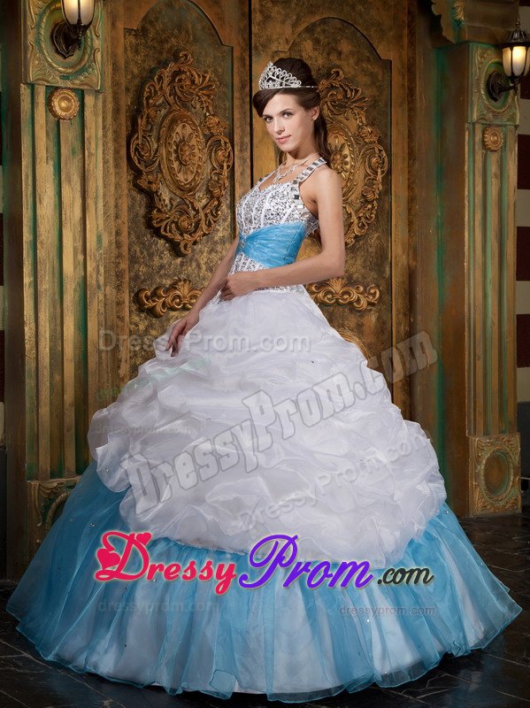Halter Beading Pick Ups Floor-length White and Blue Sweet 15 Dresses