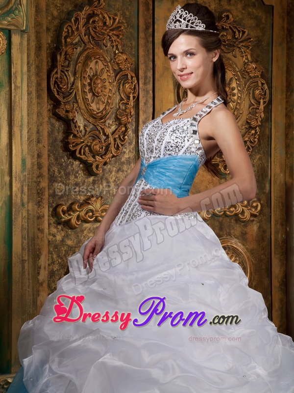 Halter Beading Pick Ups Floor-length White and Blue Sweet 15 Dresses
