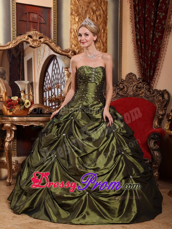 Olive Green Beaded Pick Ups Dress for Sweet 16 in Derbyshire