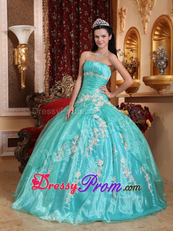 2014 Fast Shipping Turquoise Appliqued Quinceanera Party Dress