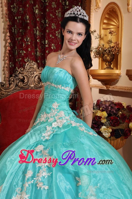 2014 Fast Shipping Turquoise Appliqued Quinceanera Party Dress