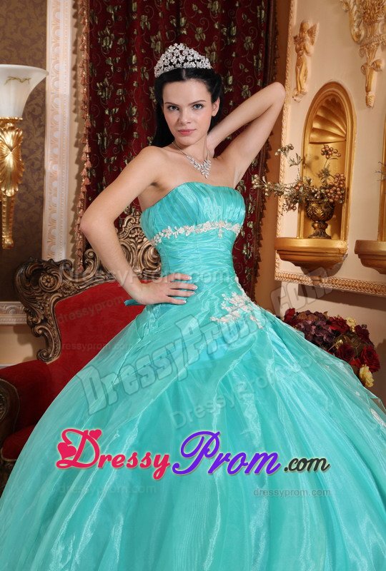 2014 Fast Shipping Turquoise Appliqued Quinceanera Party Dress