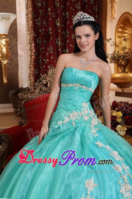 2014 Fast Shipping Turquoise Appliqued Quinceanera Party Dress