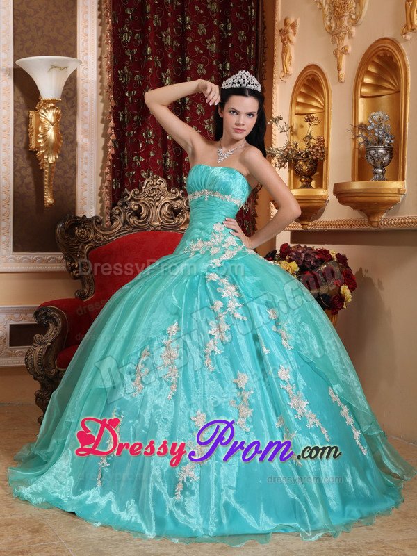 2014 Fast Shipping Turquoise Appliqued Quinceanera Party Dress