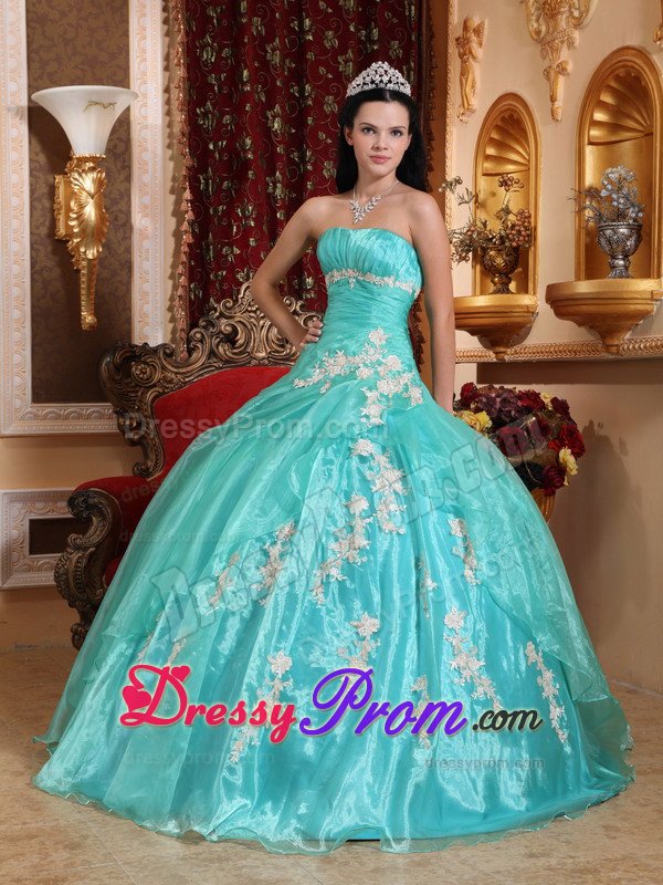 2014 Fast Shipping Turquoise Appliqued Quinceanera Party Dress