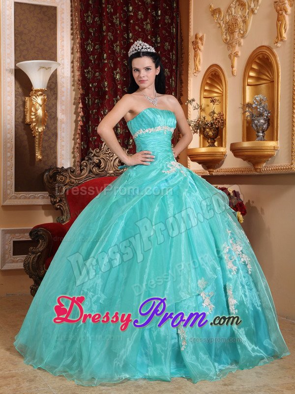 2014 Fast Shipping Turquoise Appliqued Quinceanera Party Dress