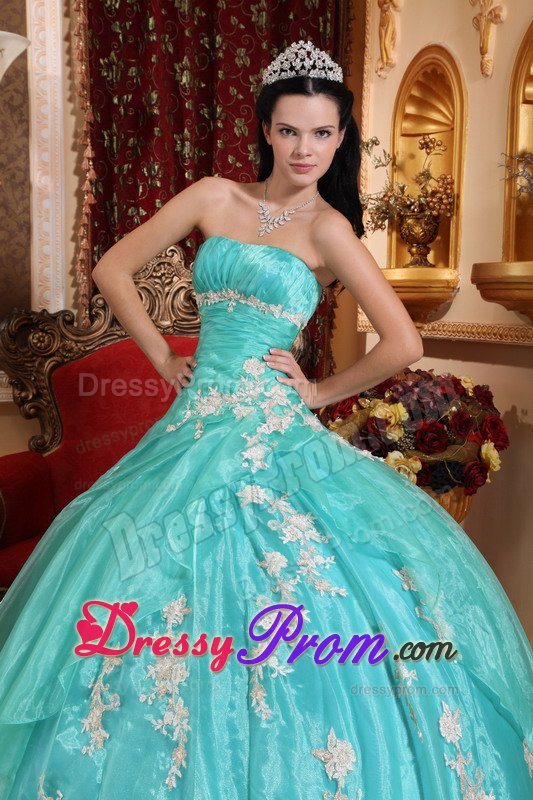 2014 Fast Shipping Turquoise Appliqued Quinceanera Party Dress