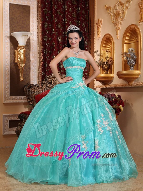 2014 Fast Shipping Turquoise Appliqued Quinceanera Party Dress