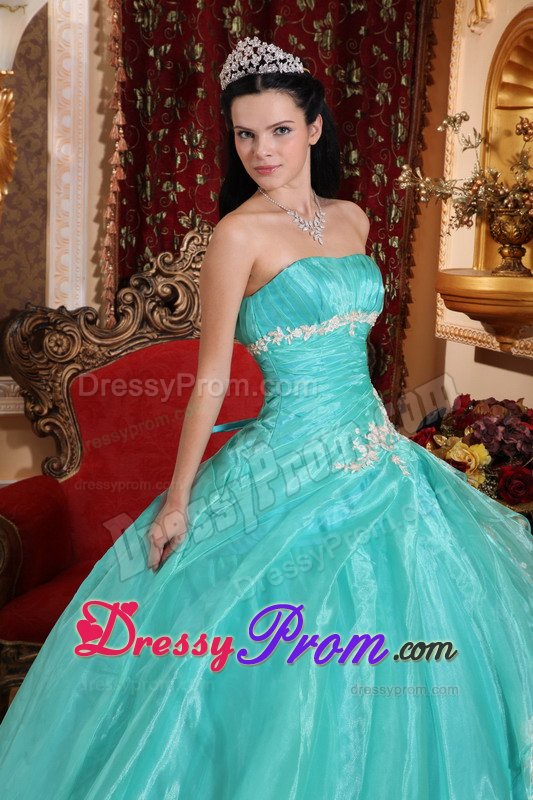 2014 Fast Shipping Turquoise Appliqued Quinceanera Party Dress