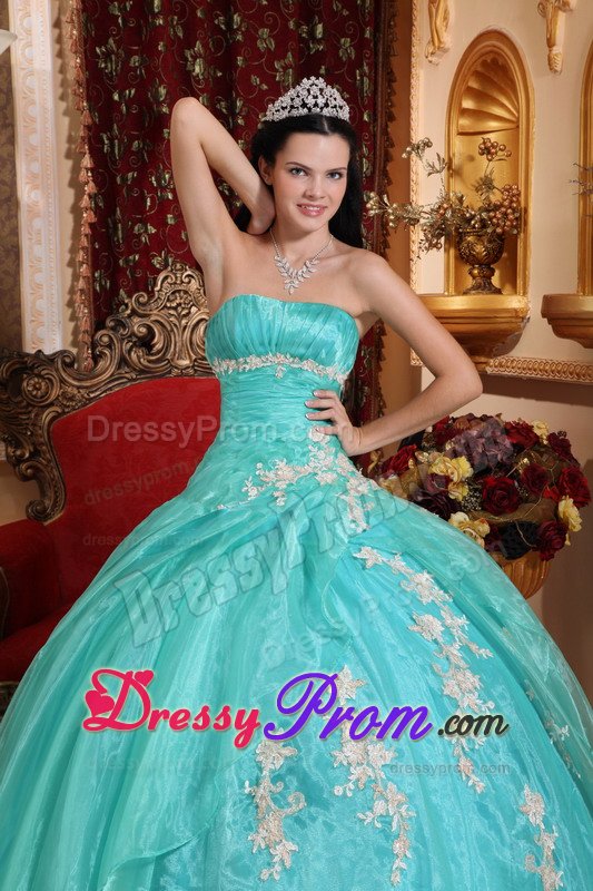 2014 Fast Shipping Turquoise Appliqued Quinceanera Party Dress