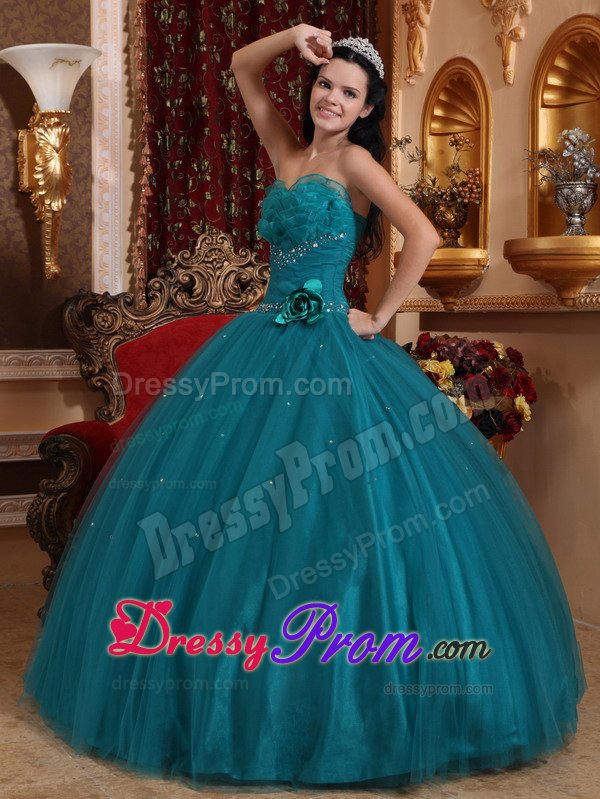 New Beaded Teal Quinceanera Dresses with Handmade Flower