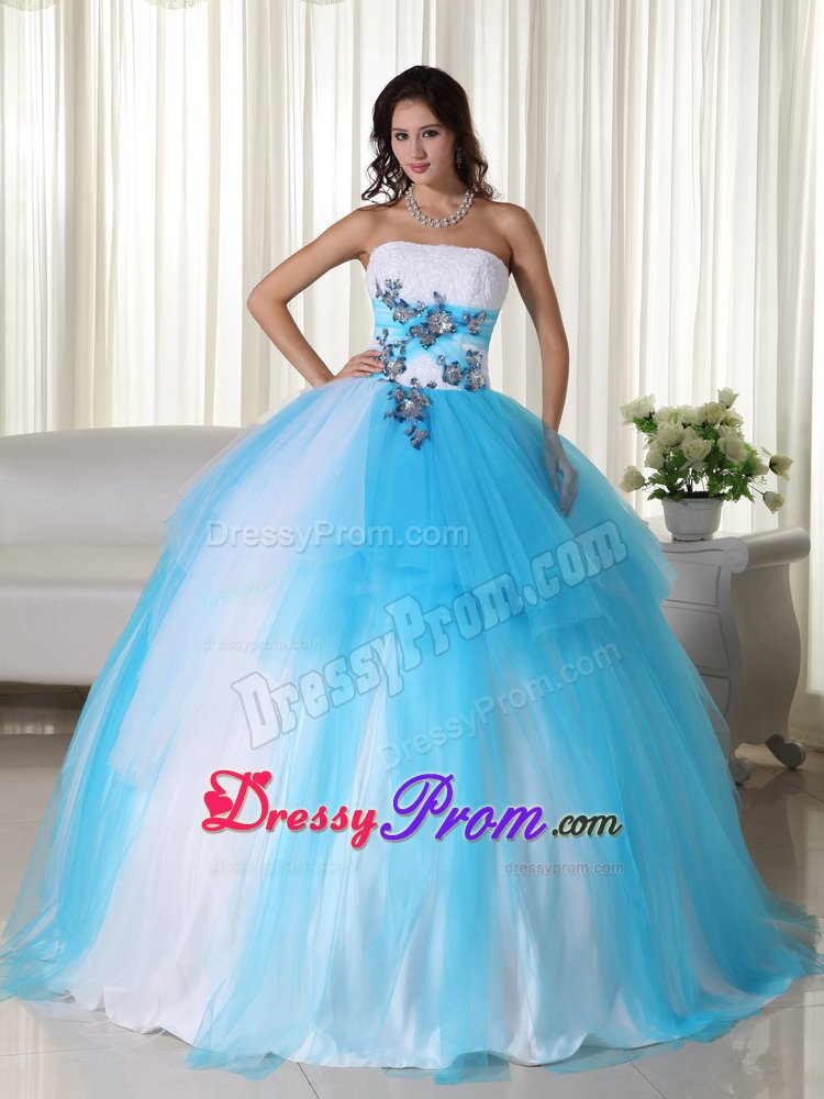 Embossed Fabric White and Aqua Blue Sweet 15 Birthday Dress