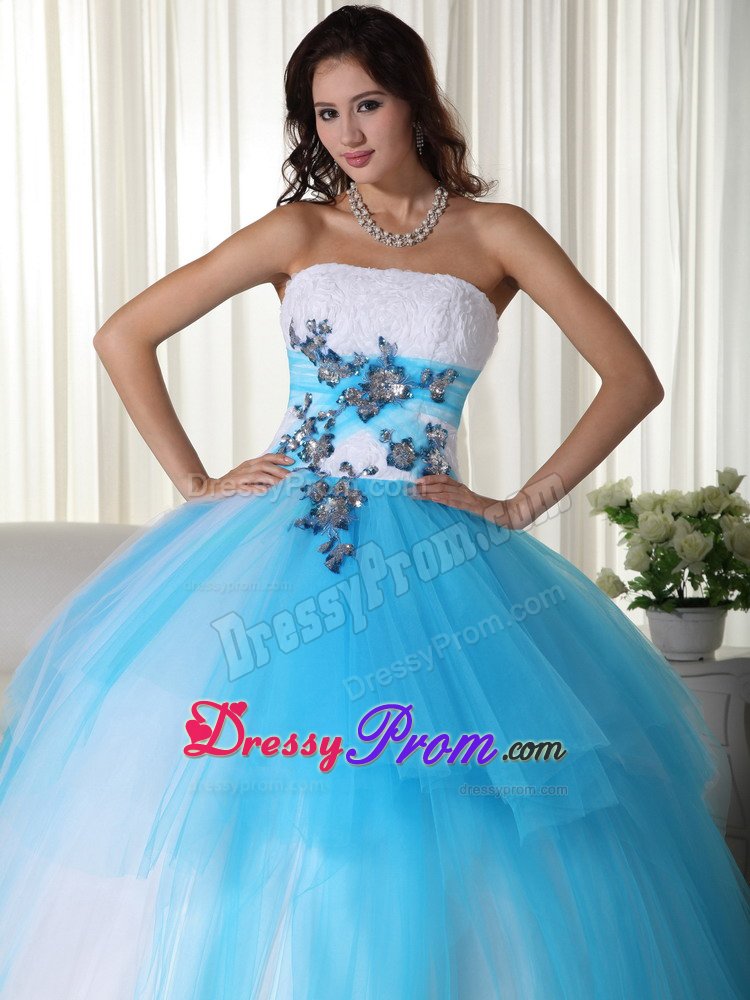 Embossed Fabric White and Aqua Blue Sweet 15 Birthday Dress