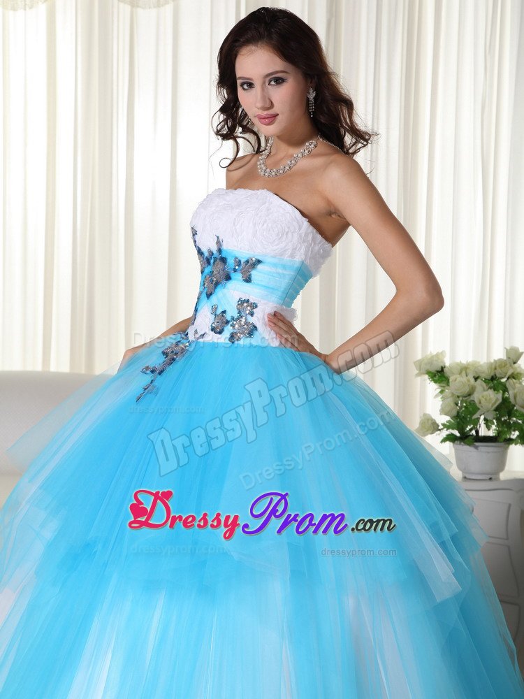 Embossed Fabric White and Aqua Blue Sweet 15 Birthday Dress